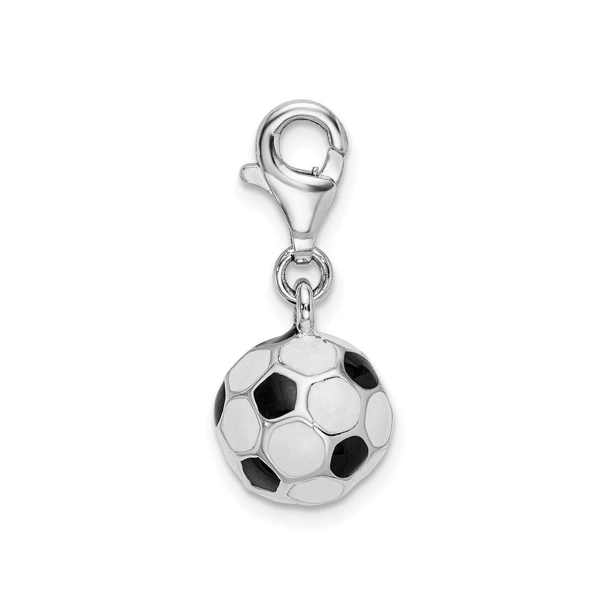 Sterling Silver Soccer Ball Charm with Lobster Clasp, Black and White Enamel Sports Theme