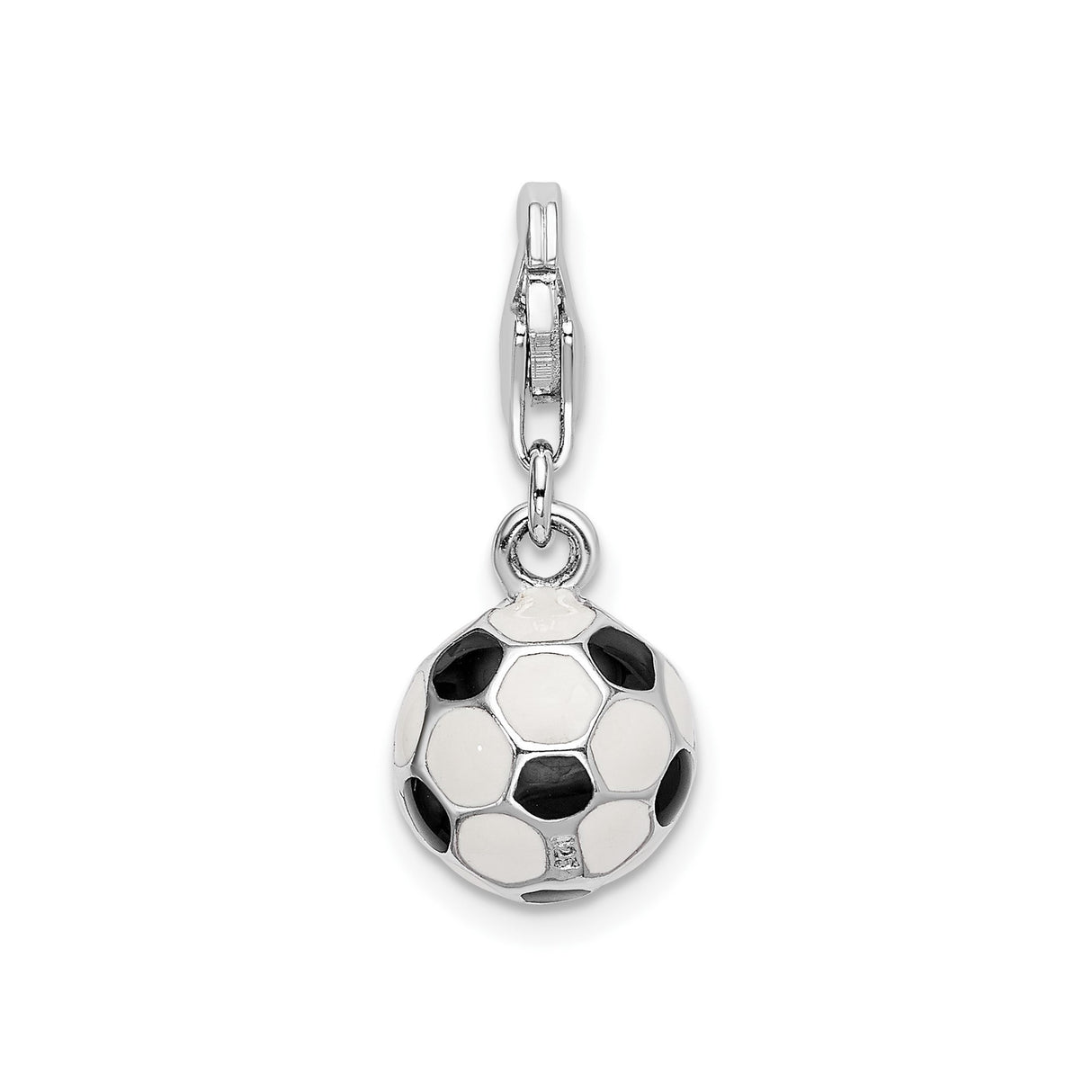 Sterling Silver Soccer Ball Charm with Lobster Clasp, Black and White Enamel Sports Theme