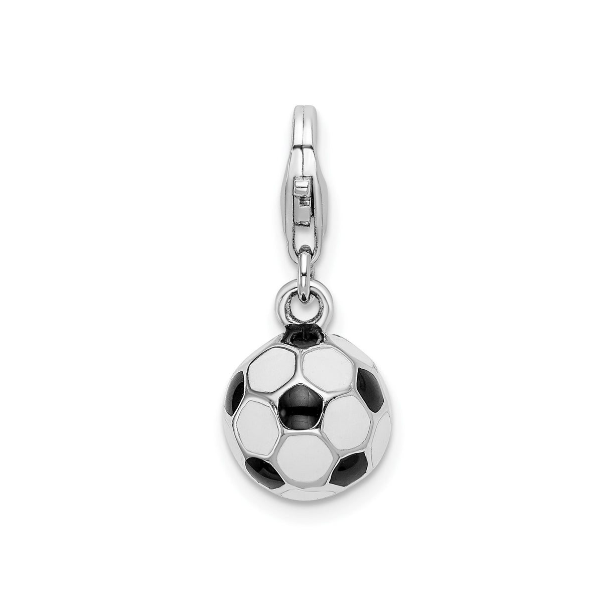 Sterling Silver Soccer Ball Charm with Lobster Clasp, Black and White Enamel Sports Theme