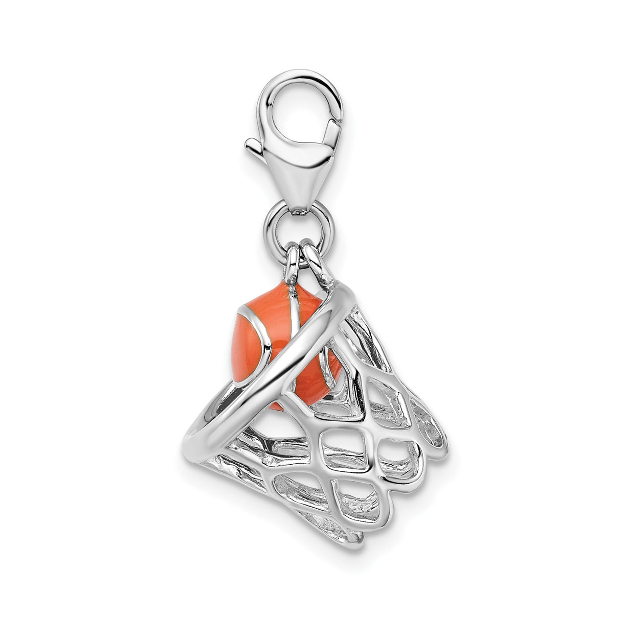 Sterling Silver Basketball Hoop Pendant with Orange Enamel Ball and 3D Movable Net Design