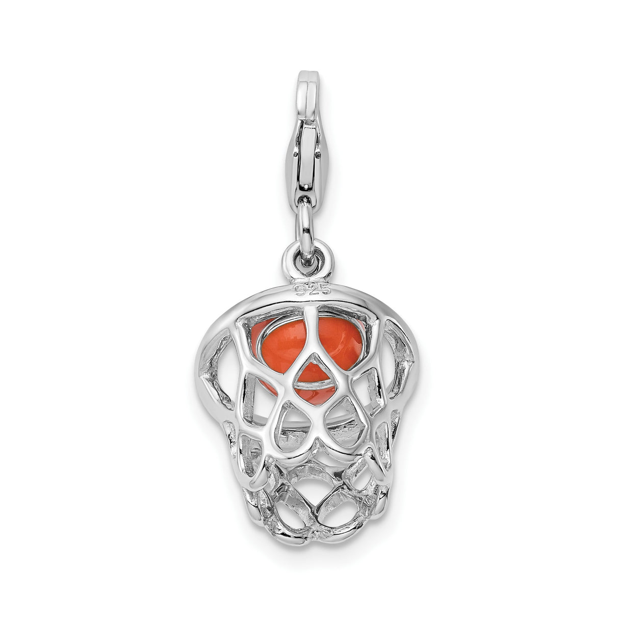 Sterling Silver Basketball Hoop Pendant with Orange Enamel Ball and 3D Movable Net Design