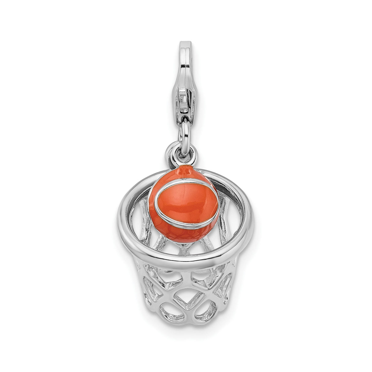 Sterling Silver Basketball Hoop Pendant with Orange Enamel Ball and 3D Movable Net Design