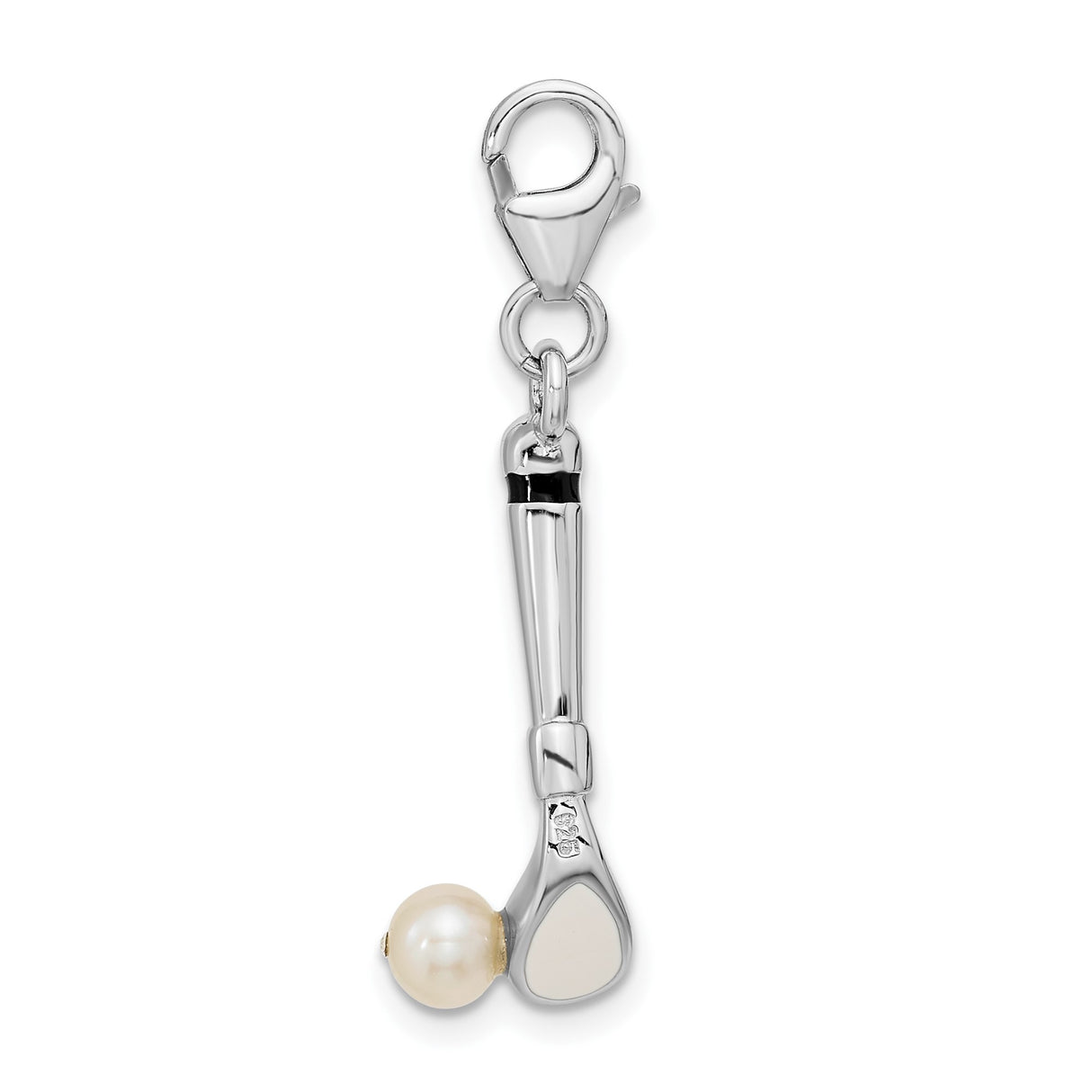 Golf Club With Cultured Pearl For Ball Clip-On Charm Pendant in Real 925 Sterling Silver