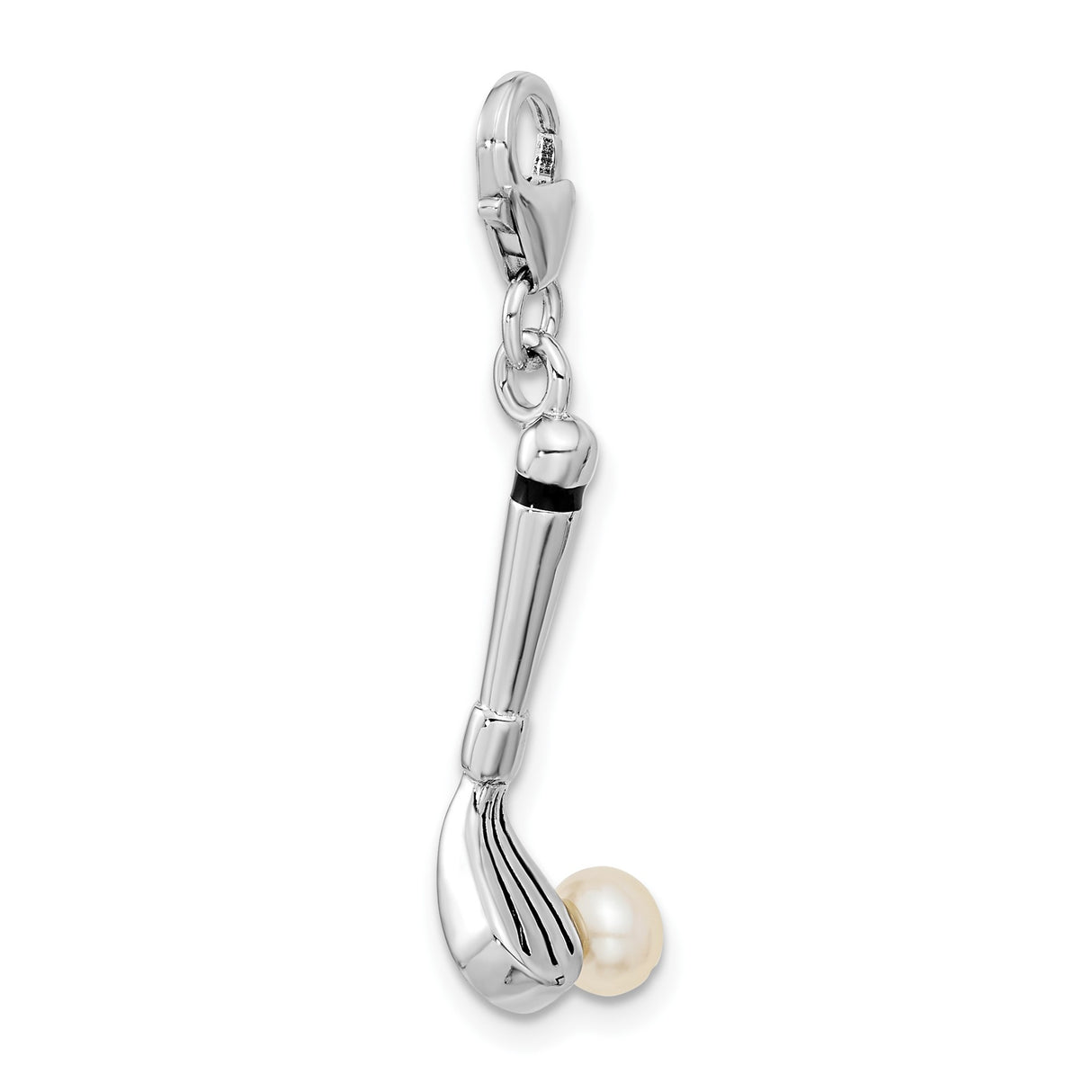 Golf Club With Cultured Pearl For Ball Clip-On Charm Pendant in Real 925 Sterling Silver