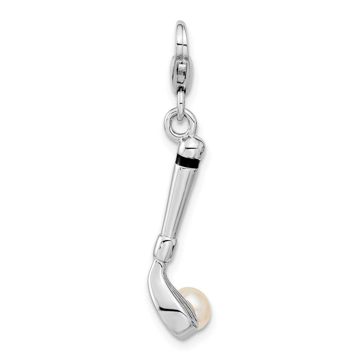 Golf Club With Cultured Pearl For Ball Clip-On Charm Pendant in Real 925 Sterling Silver