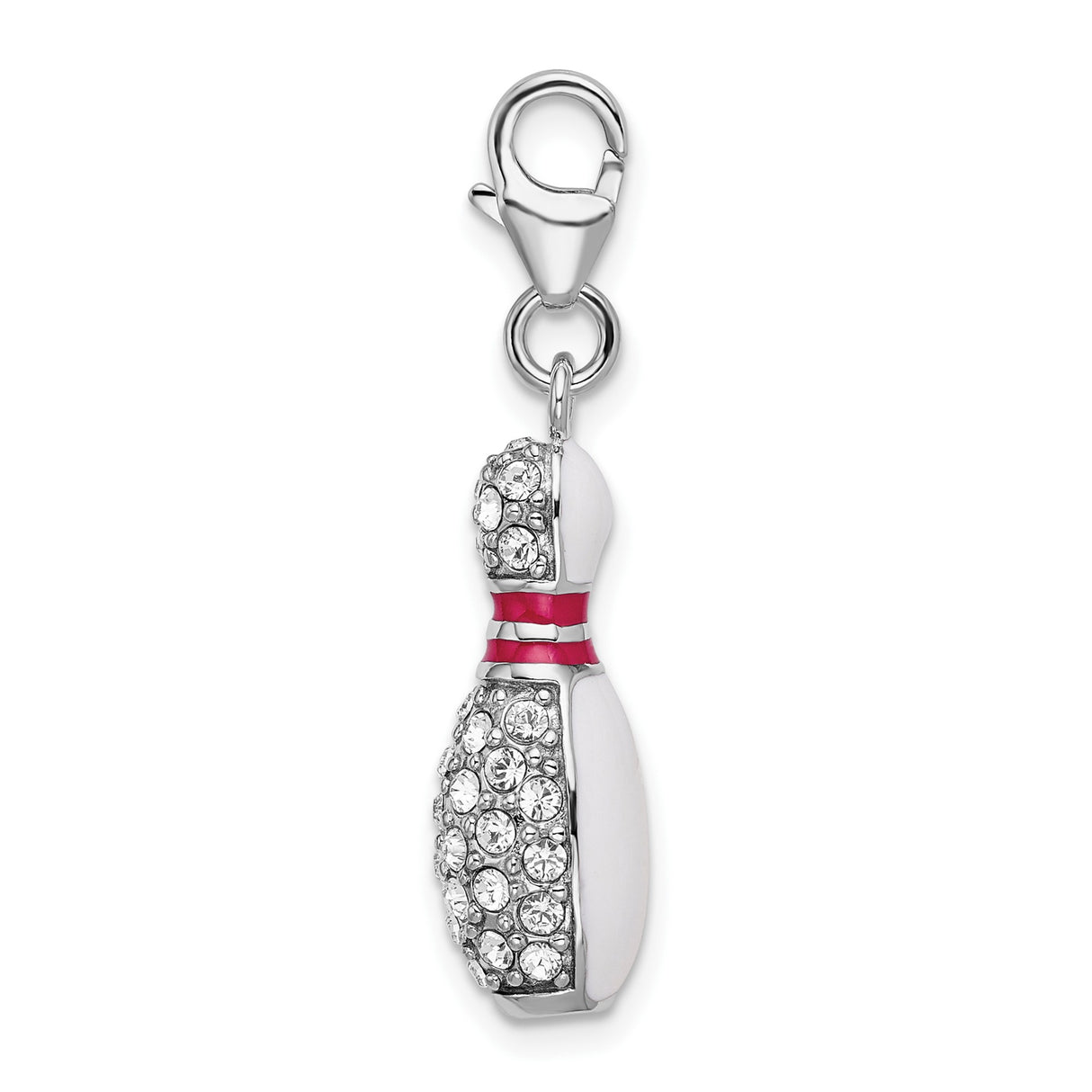 Sterling Silver Bowling Pin Charm Pendant with Pink Enamel Stripes and Crystal Accents