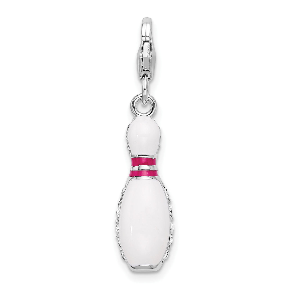 Sterling Silver Bowling Pin Charm Pendant with Pink Enamel Stripes and Crystal Accents