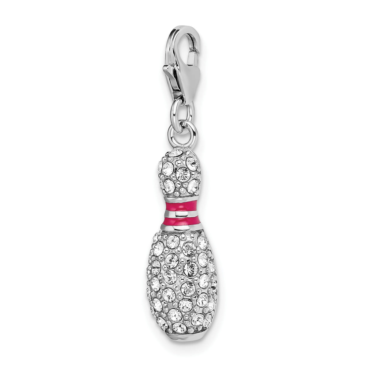 Sterling Silver Bowling Pin Charm Pendant with Pink Enamel Stripes and Crystal Accents