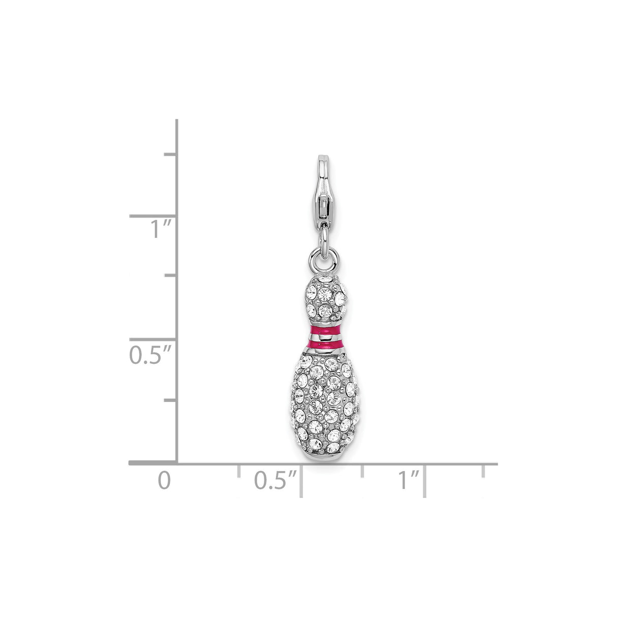 Sterling Silver Bowling Pin Charm Pendant with Pink Enamel Stripes and Crystal Accents
