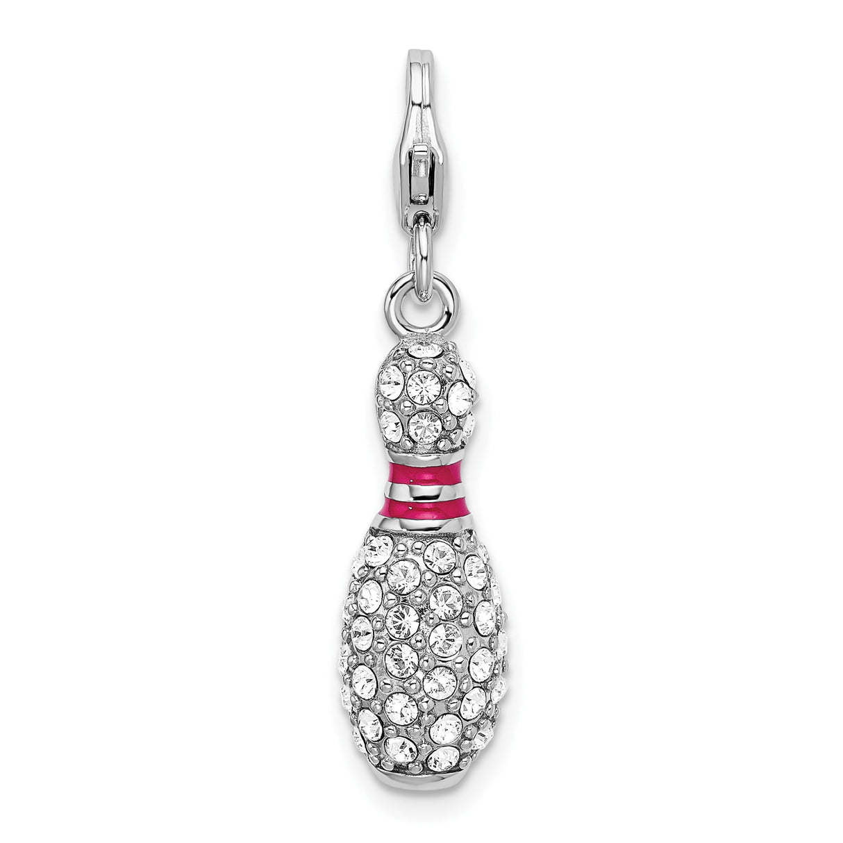 Sterling Silver Bowling Pin Charm Pendant with Pink Enamel Stripes and Crystal Accents