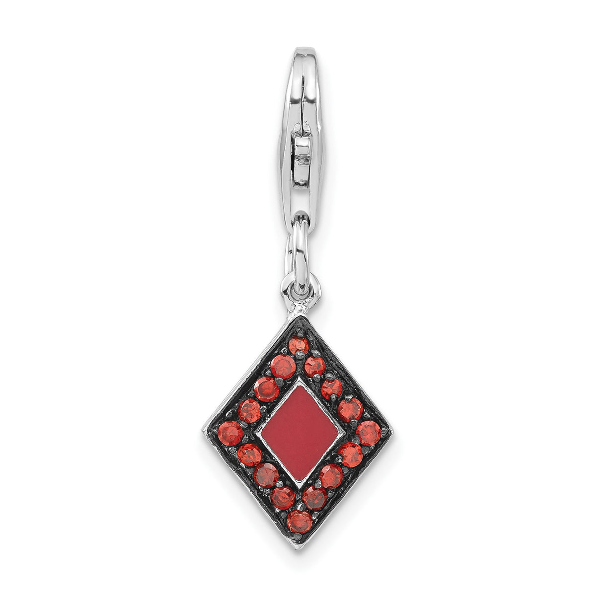 Sterling Silver Pendant with Red Enamel Center and Cubic Zirconia, Geometric Charm Design