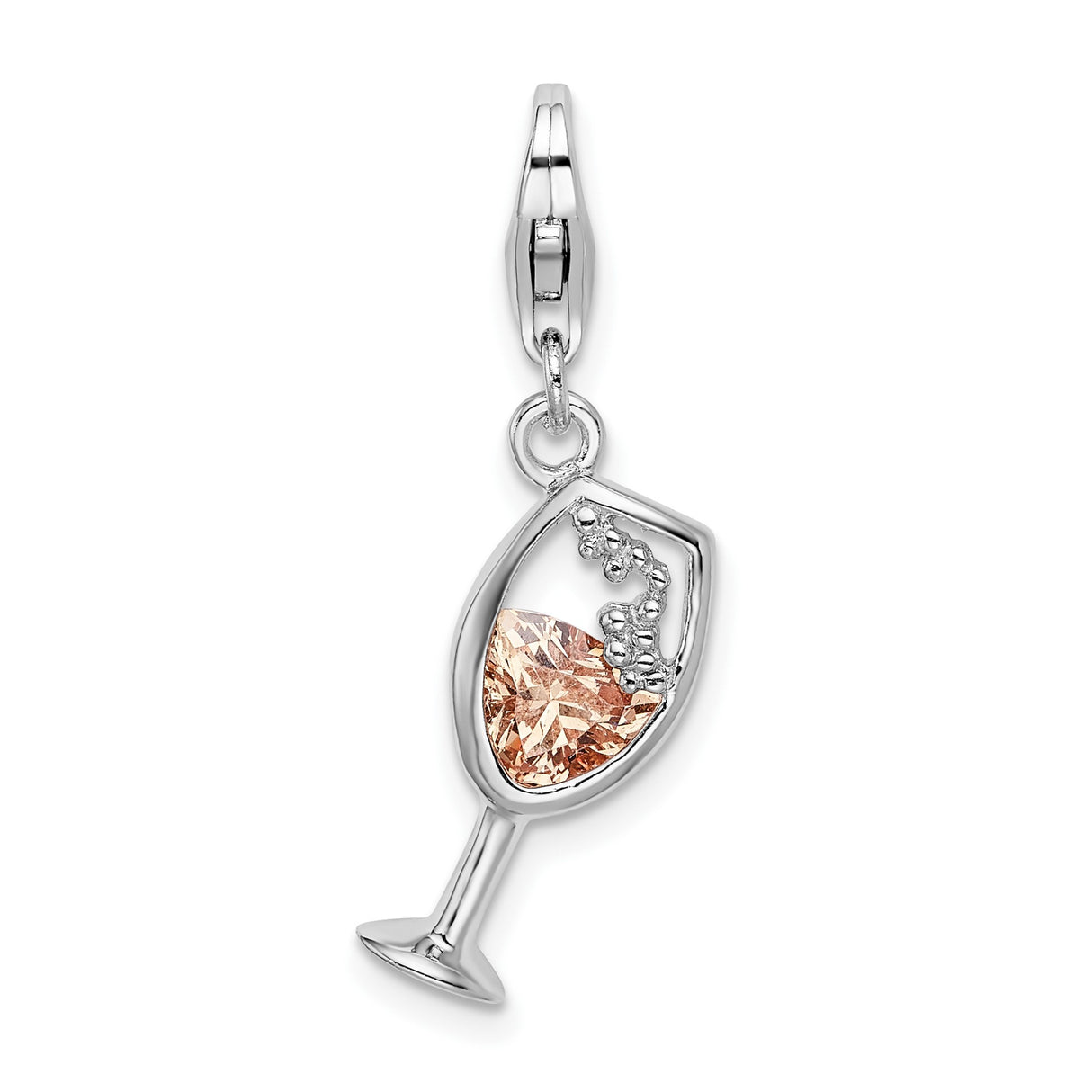 Sterling Silver Wine Glass Pendant with Pink Gemstone and Grape Cluster Detail