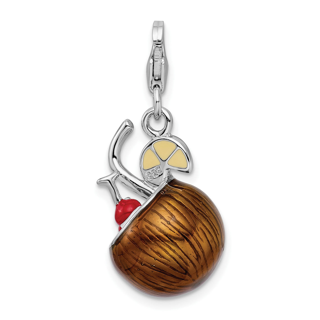 Sterling Silver Tropical Drink Charm with Enamel Umbrella, Lemon Slice, and Straw