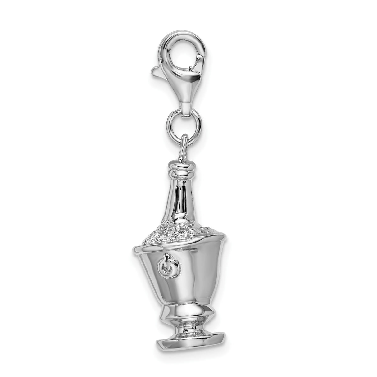 Sterling Silver Pendant with Cubic Zirconia, Champagne Bottle in Ice Bucket Celebration Charm