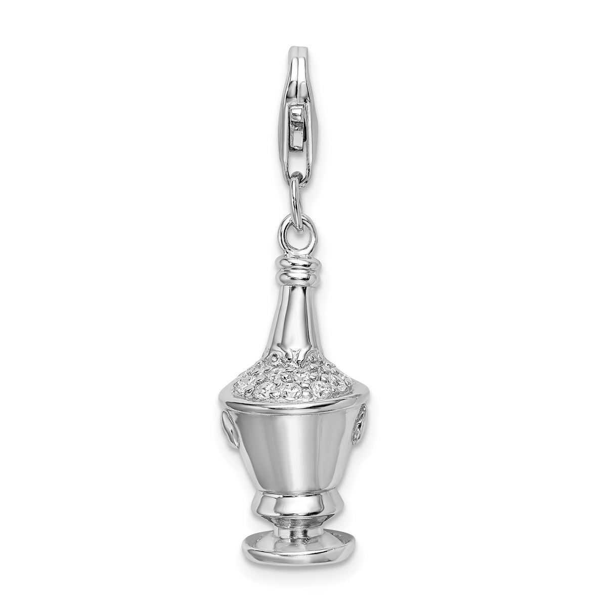 Sterling Silver Pendant with Cubic Zirconia, Champagne Bottle in Ice Bucket Celebration Charm