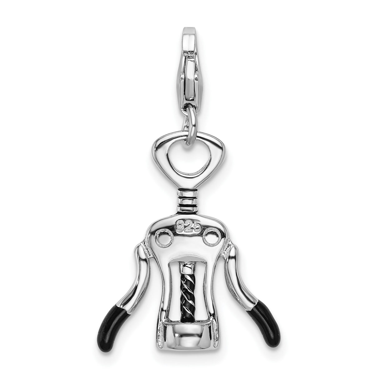 Sterling Silver Corkscrew Charm Pendant with Black Enamel, Wine Opener Design