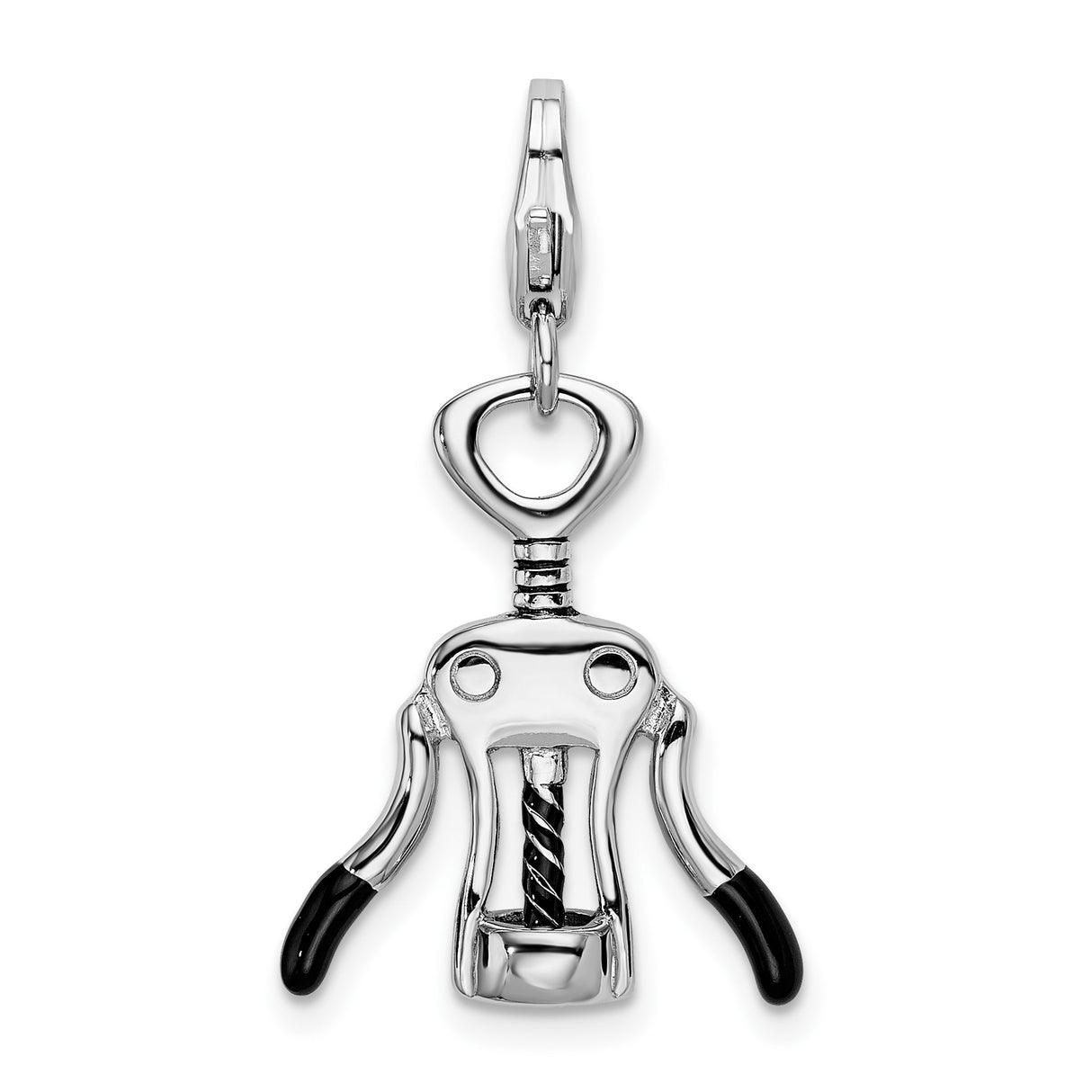 Sterling Silver Corkscrew Charm Pendant with Black Enamel, Wine Opener Design