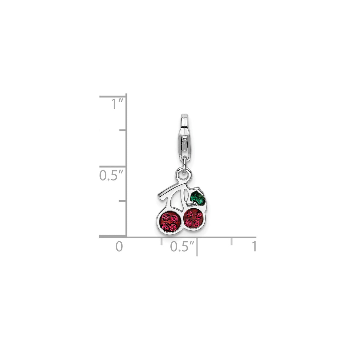 Sterling Silver Cherry Charm with Red and Green Crystals, Lobster Clasp Pendant