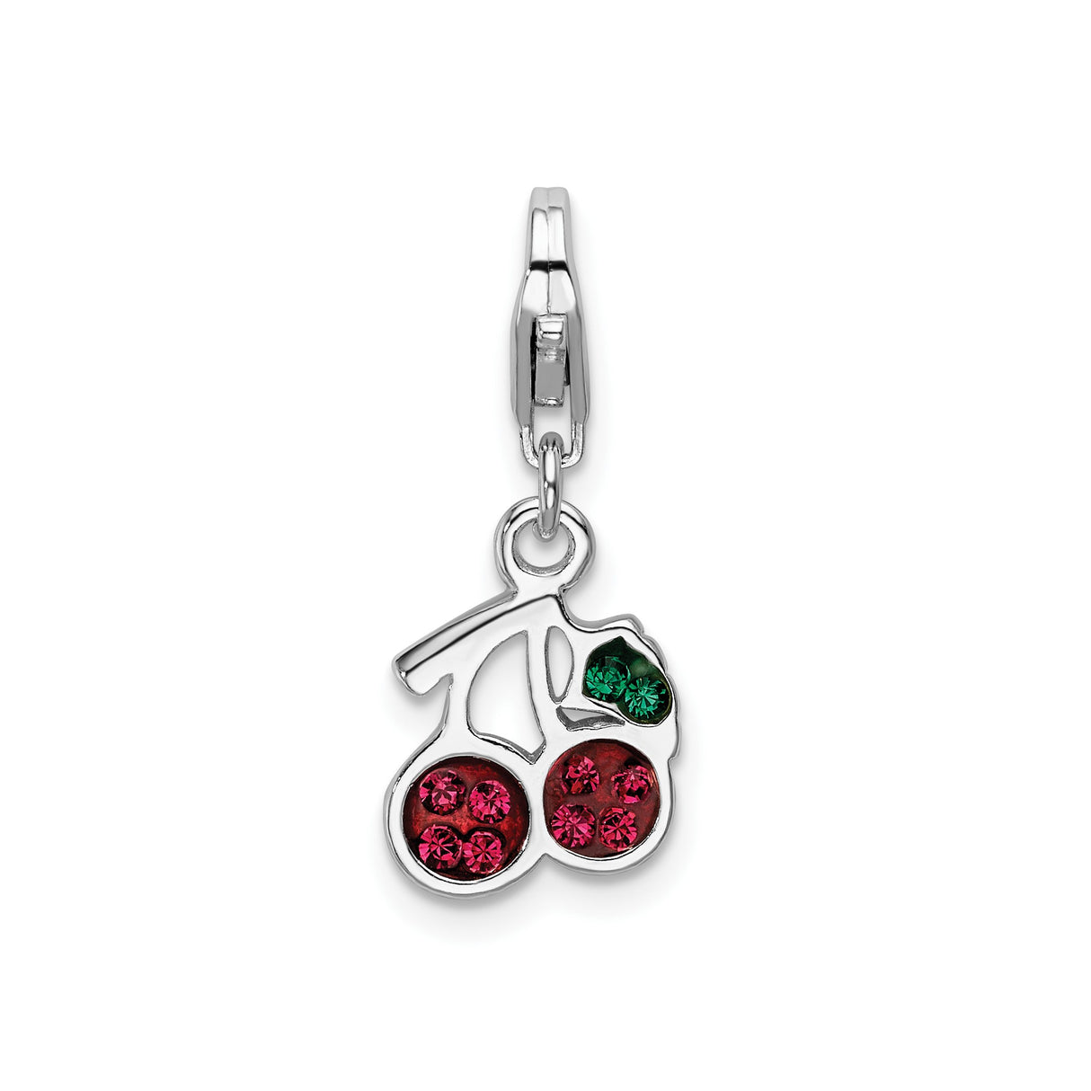 Sterling Silver Cherry Charm with Red and Green Crystals, Lobster Clasp Pendant
