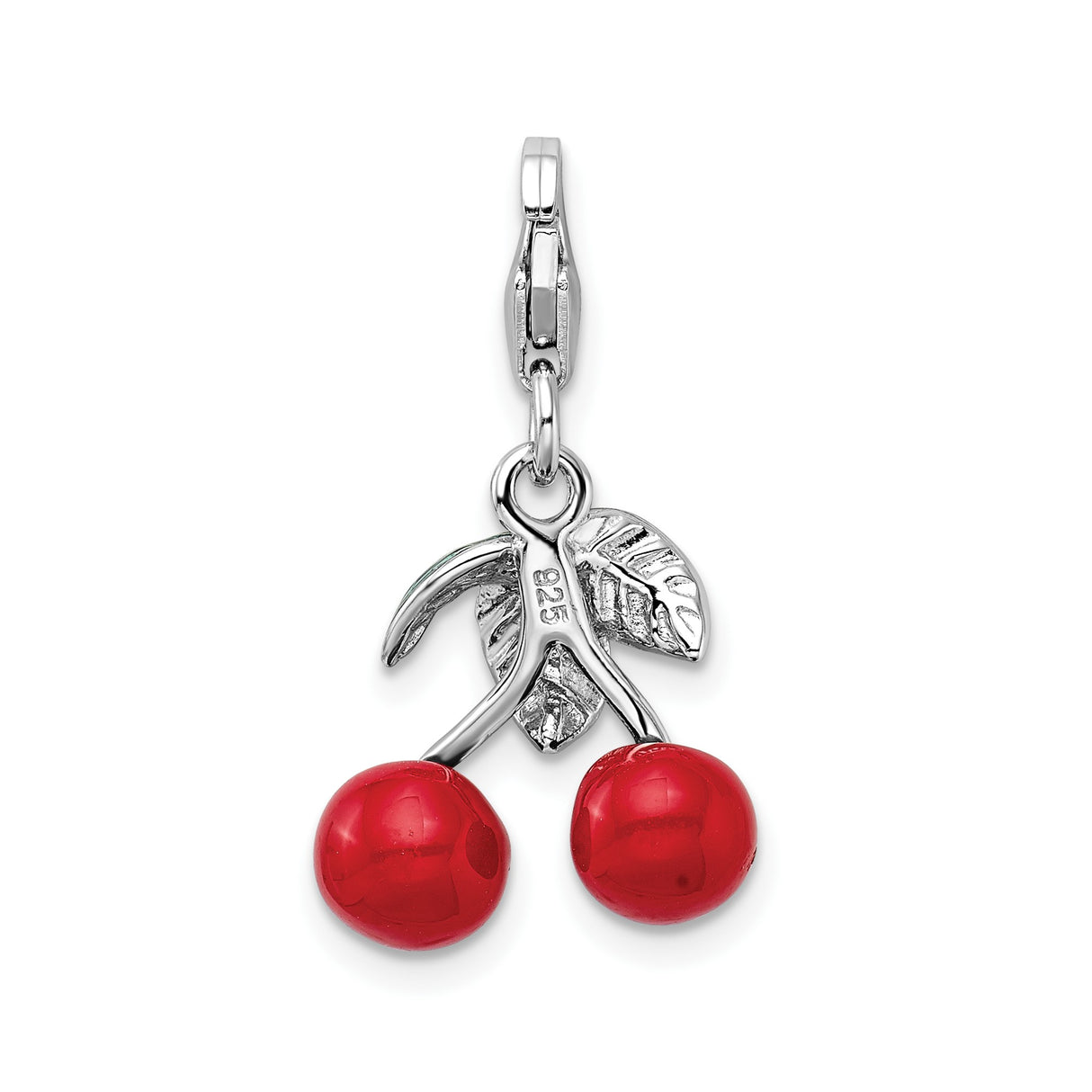 Sterling Silver Cherry Charm Pendant with Red Enamel and Green Leaf Detail