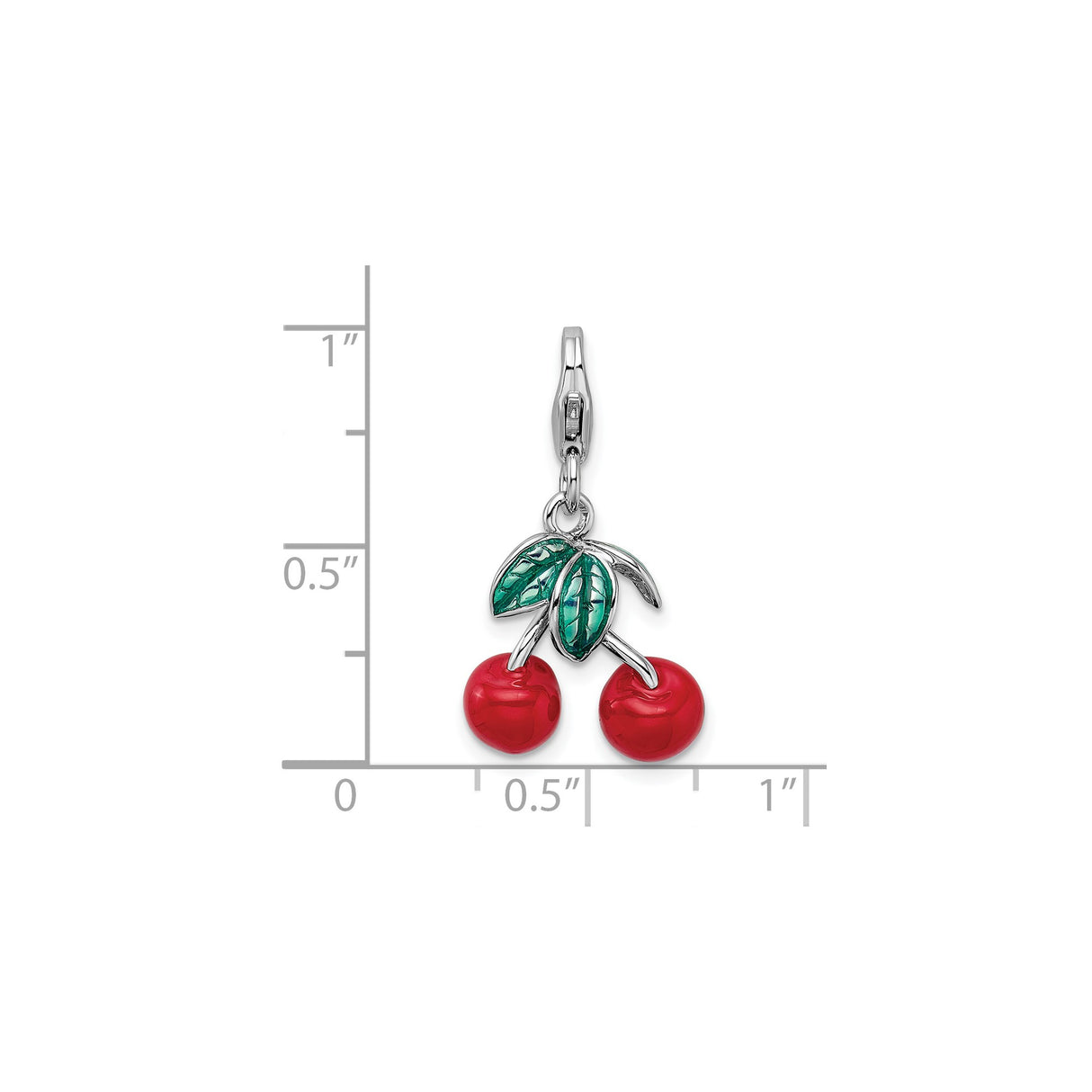 Sterling Silver Cherry Charm Pendant with Red Enamel and Green Leaf Detail