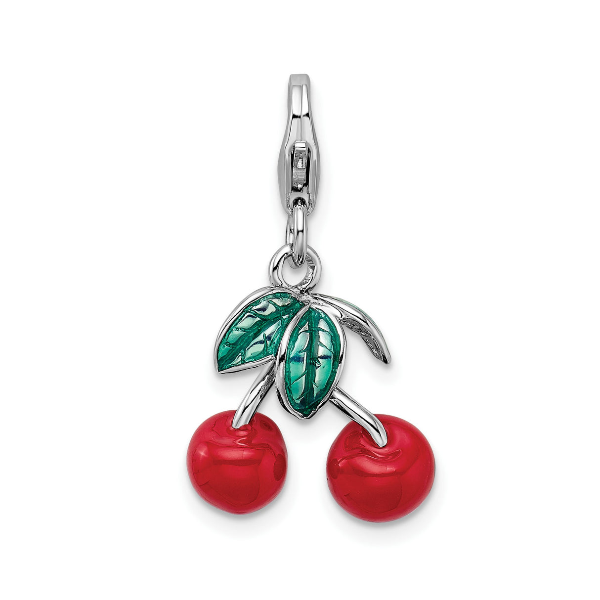 Sterling Silver Cherry Charm Pendant with Red Enamel and Green Leaf Detail