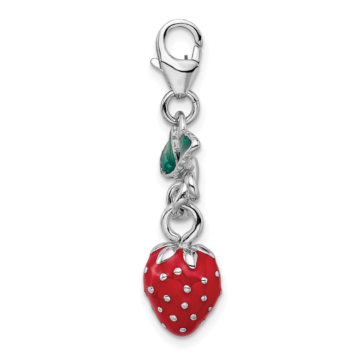 Sterling Silver Strawberry Charm with Green Enamel Leaves, 3D Fruit Pendant