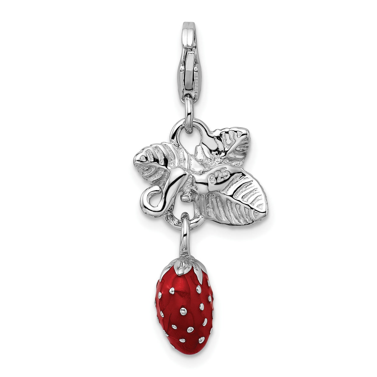 Sterling Silver Strawberry Charm with Green Enamel Leaves, 3D Fruit Pendant