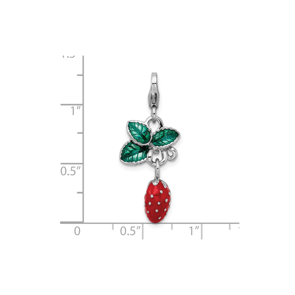 Sterling Silver Strawberry Charm with Green Enamel Leaves, 3D Fruit Pendant