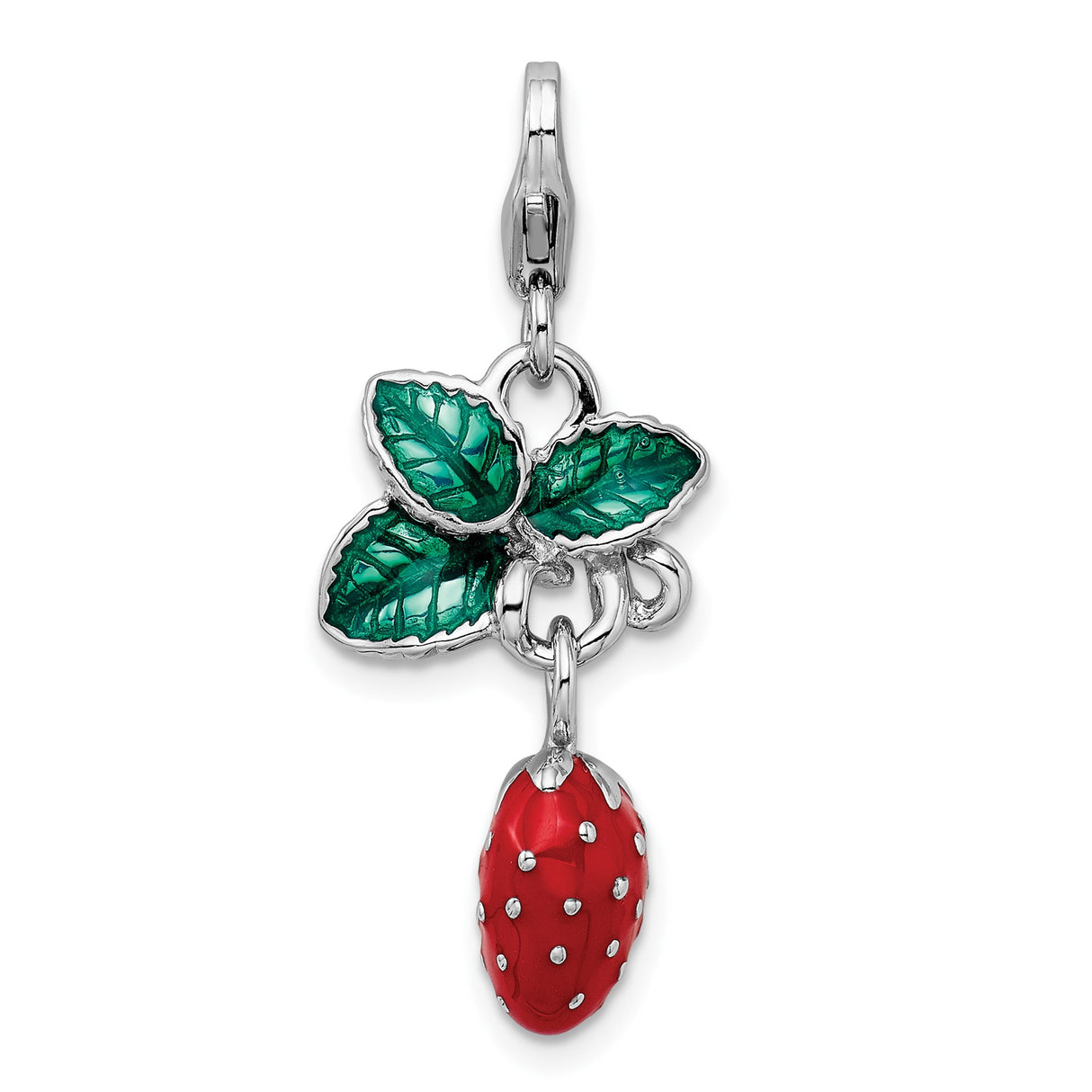 Sterling Silver Strawberry Charm with Green Enamel Leaves, 3D Fruit Pendant