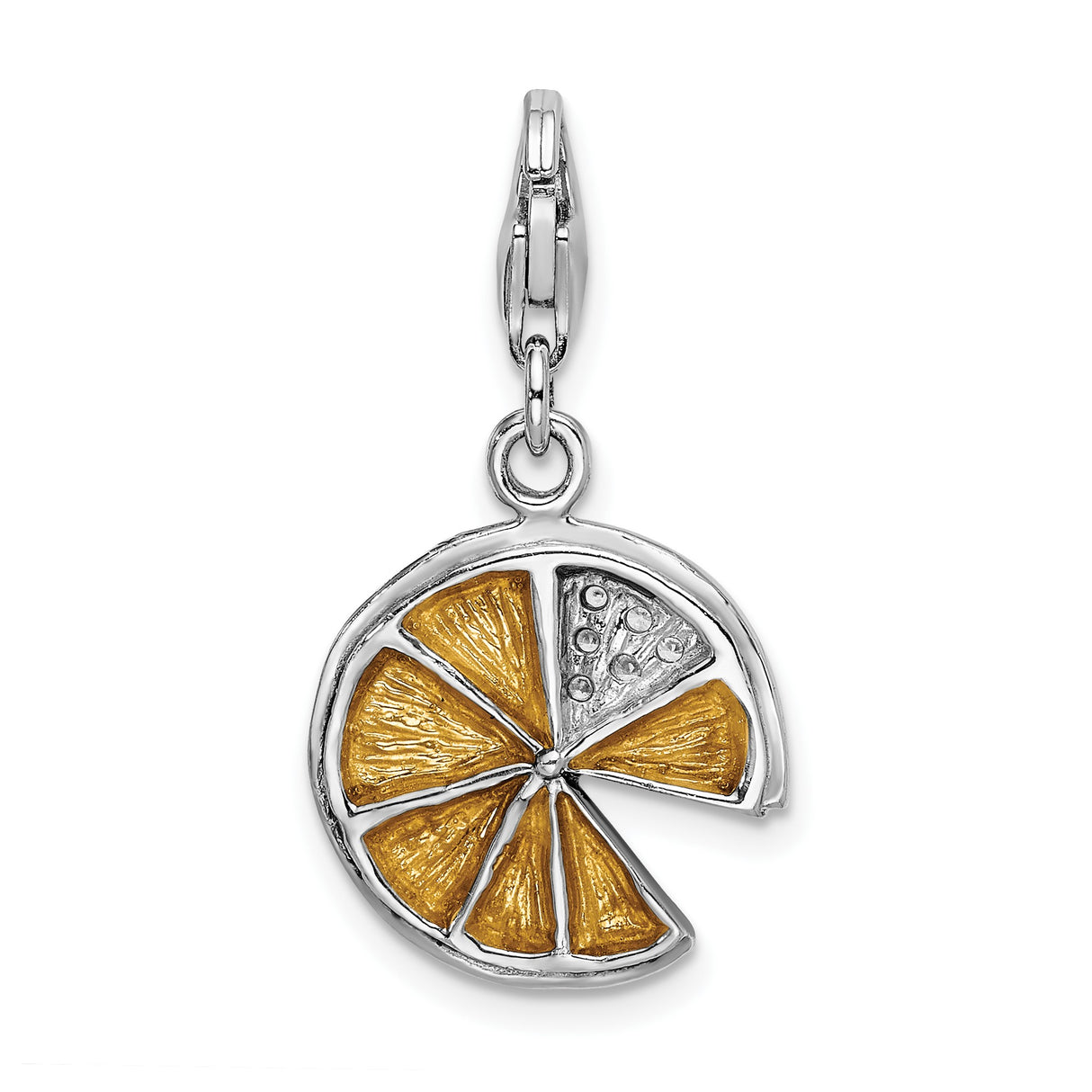 Sterling Silver Citrus Slice Pendant with Yellow Enamel and Clear Stone Accents for Women