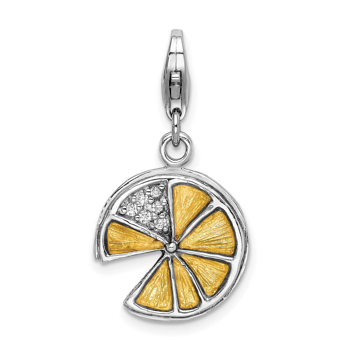 Sterling Silver Citrus Slice Pendant with Yellow Enamel and Clear Stone Accents for Women