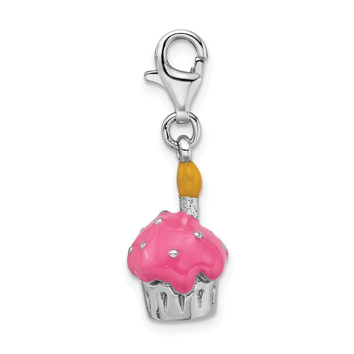 Sterling Silver Cupcake Dangle Charm with Pink Enamel Frosting and Yellow Candle