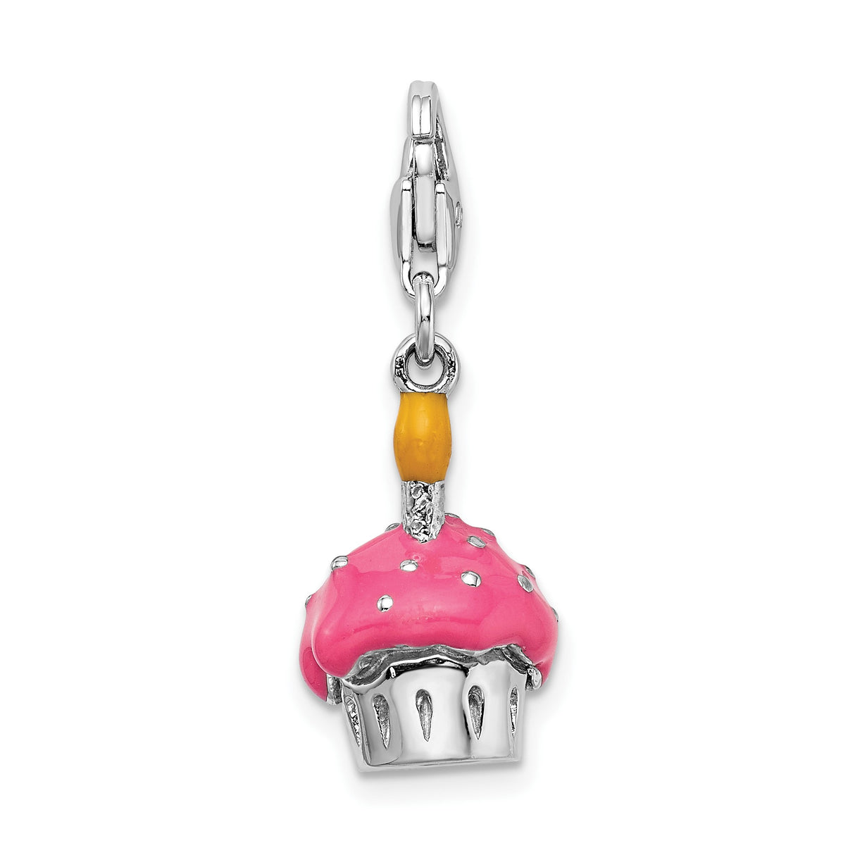 Sterling Silver Cupcake Dangle Charm with Pink Enamel Frosting and Yellow Candle