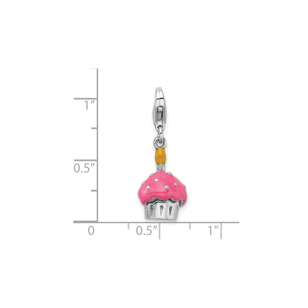 Sterling Silver Cupcake Dangle Charm with Pink Enamel Frosting and Yellow Candle