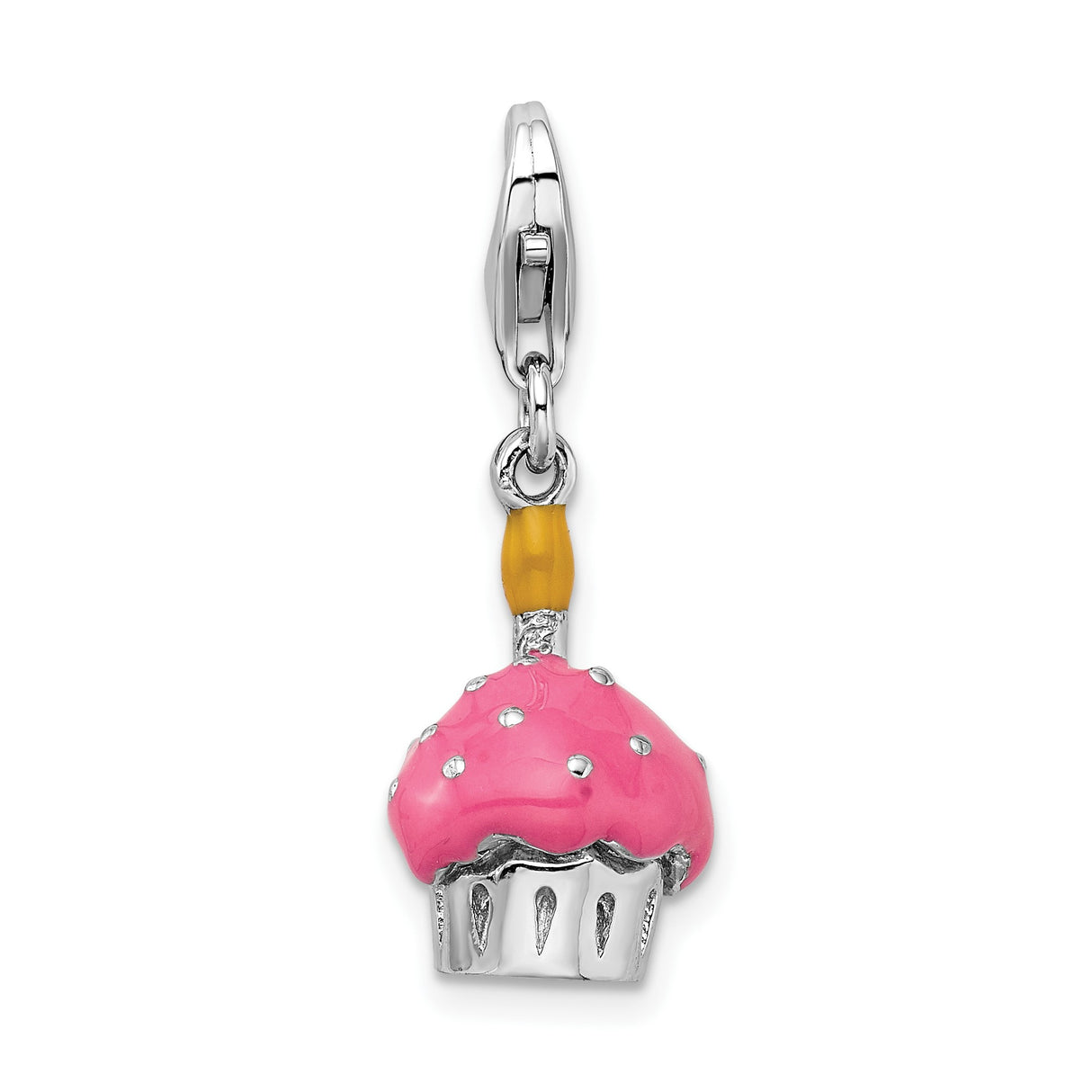 Sterling Silver Cupcake Dangle Charm with Pink Enamel Frosting and Yellow Candle
