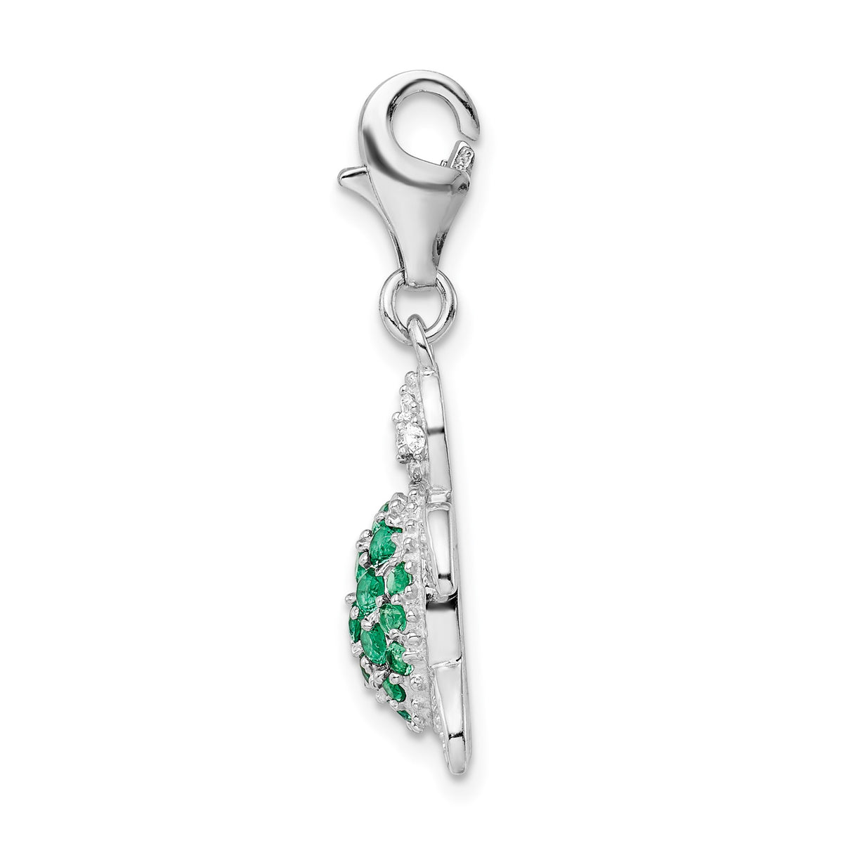 Sterling Silver Turtle Charm Pendant with Green and Clear Cubic Zirconia, Clip-On Style