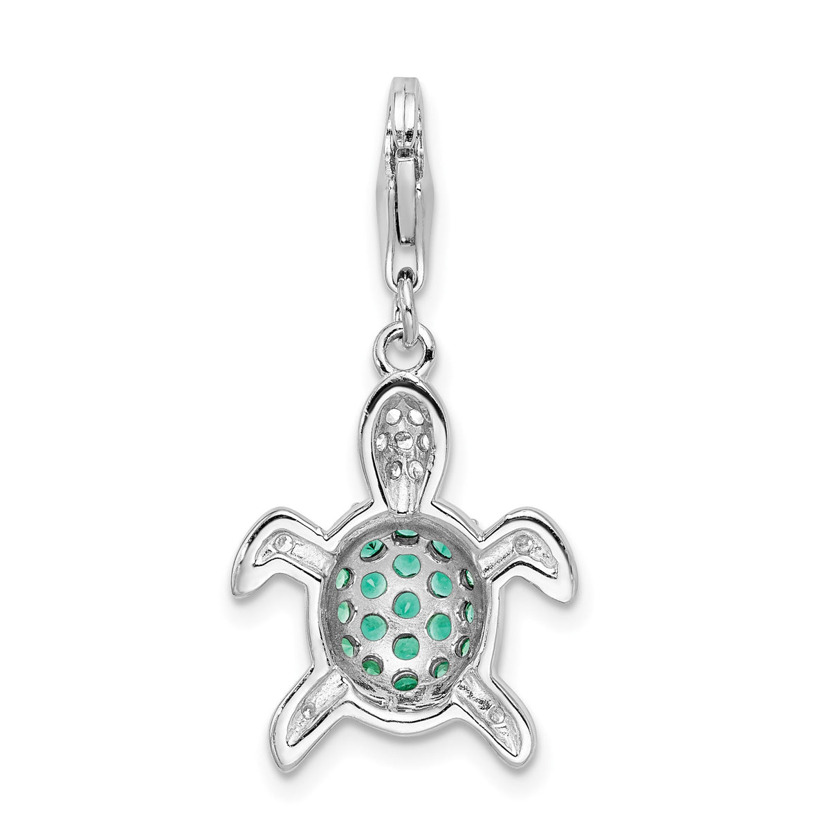 Sterling Silver Turtle Charm Pendant with Green and Clear Cubic Zirconia, Clip-On Style