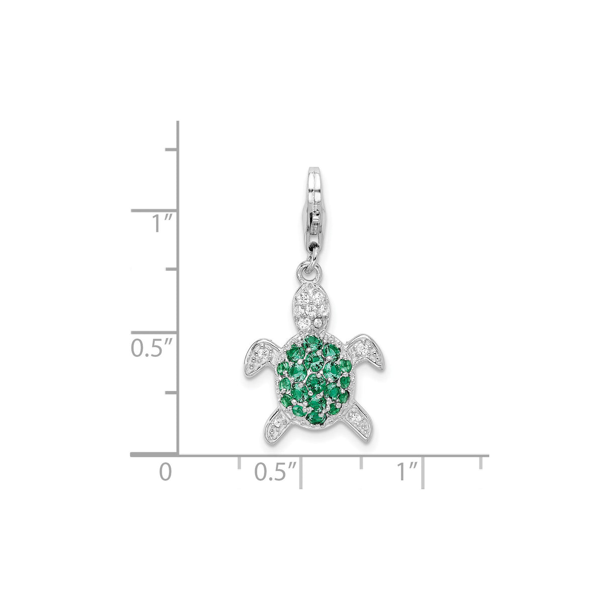 Sterling Silver Turtle Charm Pendant with Green and Clear Cubic Zirconia, Clip-On Style