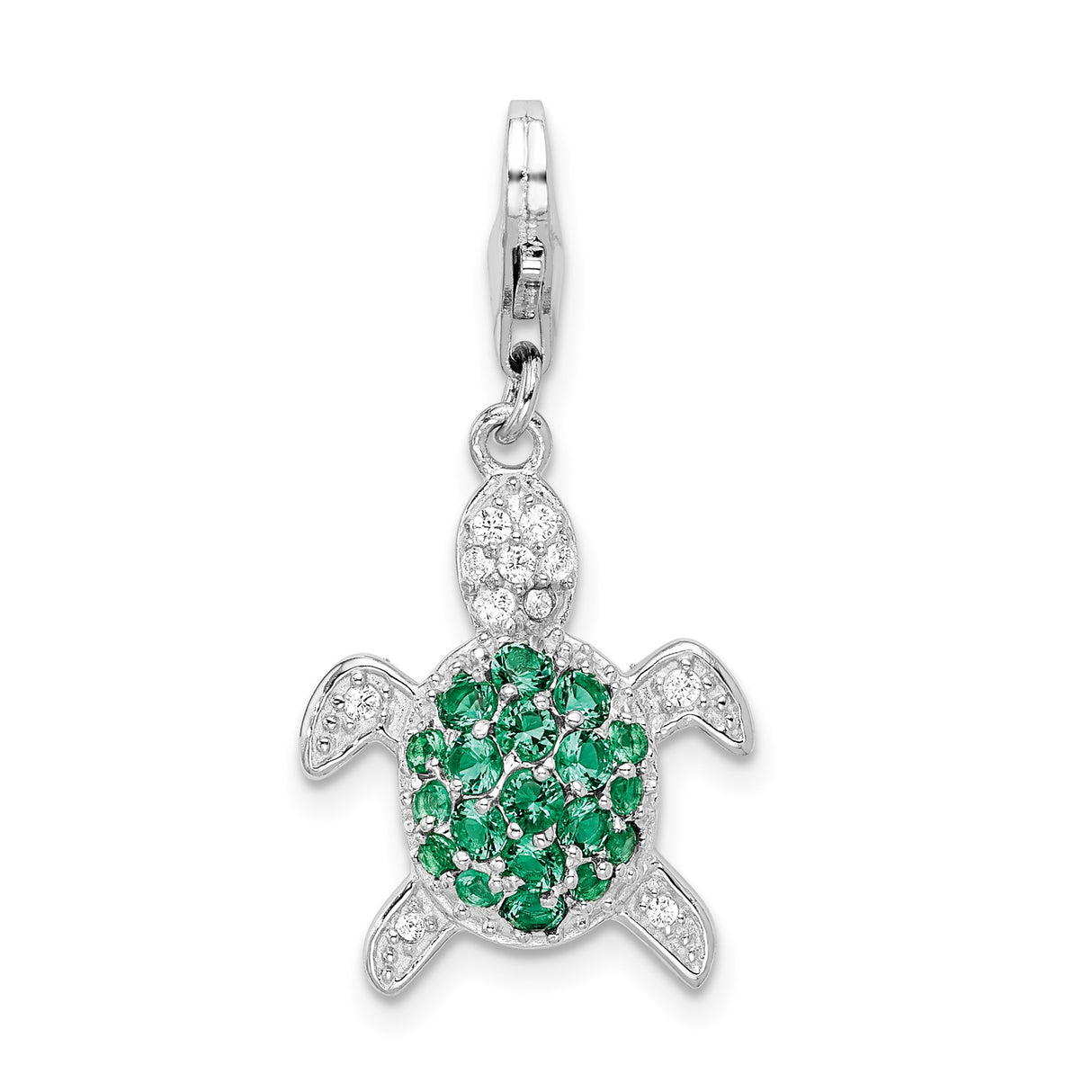 Sterling Silver Turtle Charm Pendant with Green and Clear Cubic Zirconia, Clip-On Style