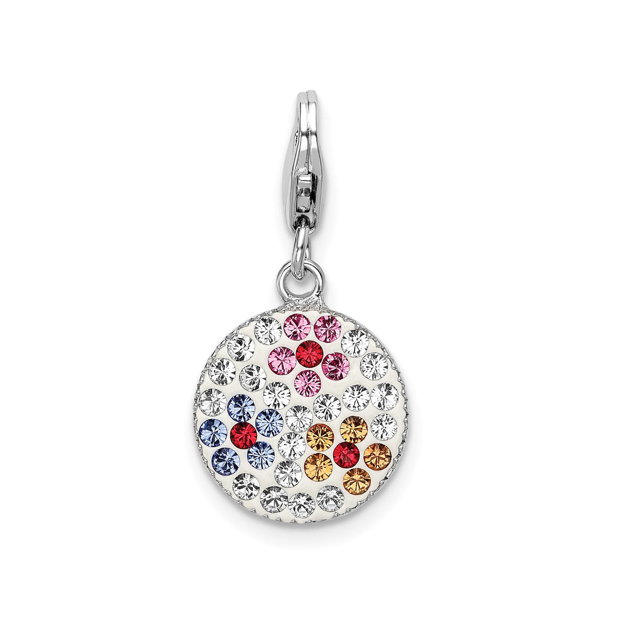 Sterling Silver Round Charm Pendant with Multicolor Cubic Zirconia, Pave Floral Design