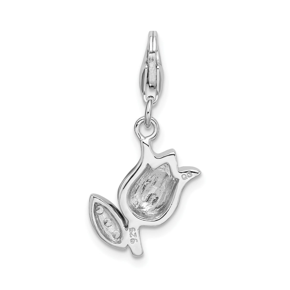 Sterling Silver Rosebud Charm with Red Enamel and Cubic Zirconia Leaf Detail