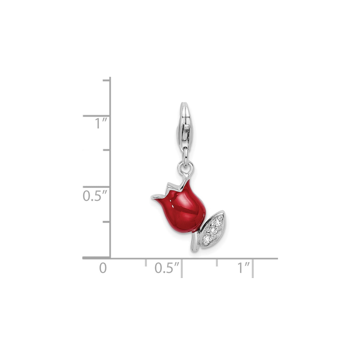 Sterling Silver Rosebud Charm with Red Enamel and Cubic Zirconia Leaf Detail
