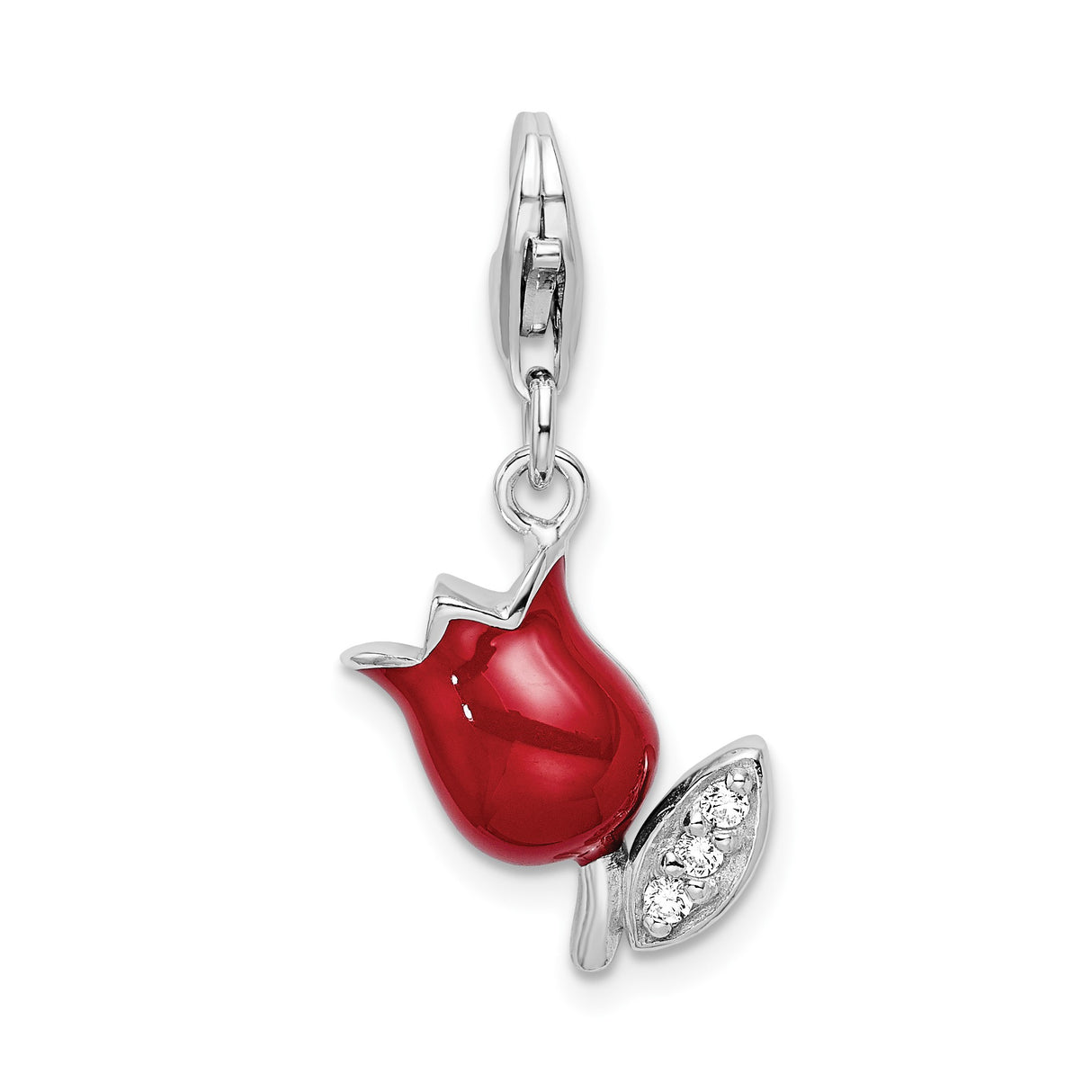 Sterling Silver Rosebud Charm with Red Enamel and Cubic Zirconia Leaf Detail