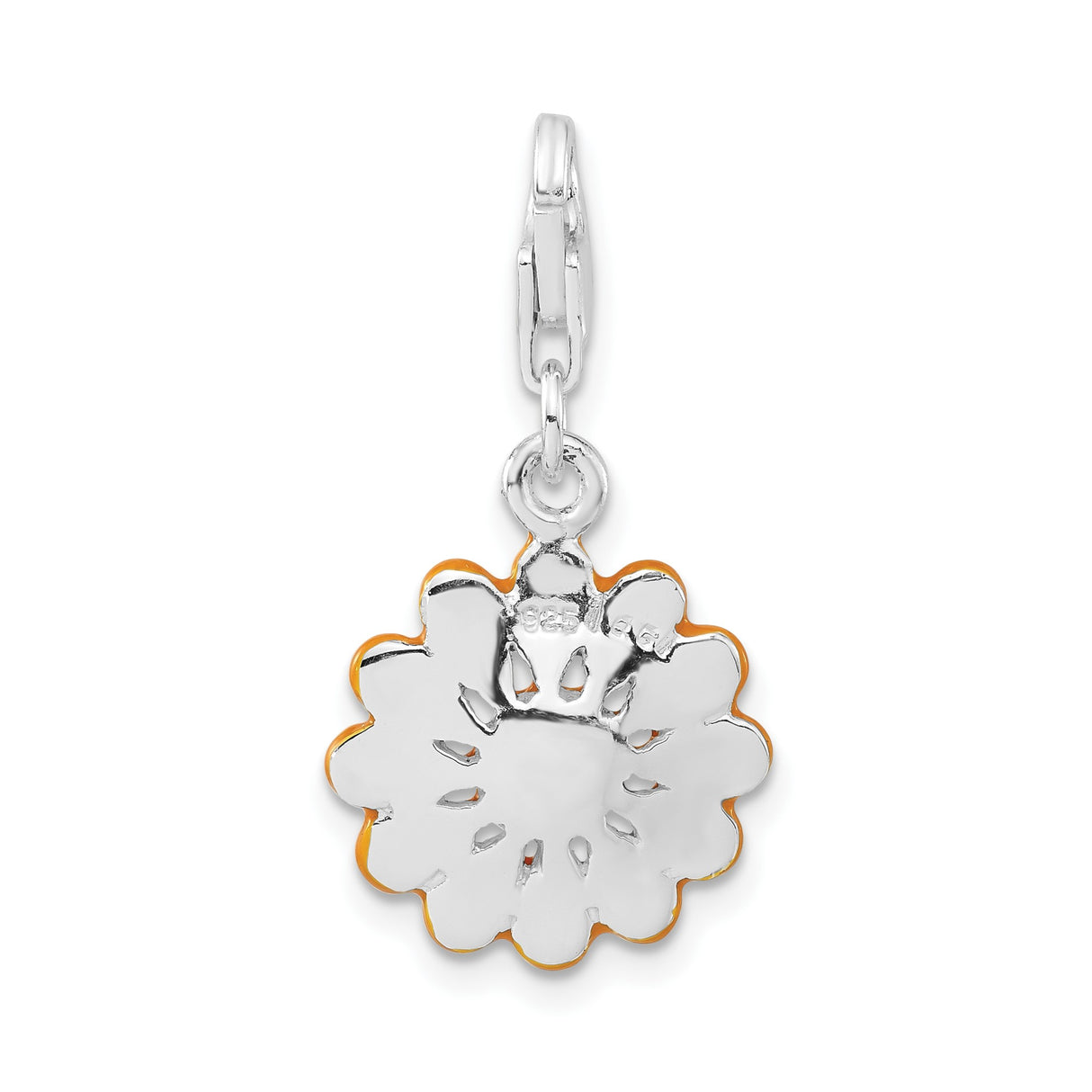 Sterling Silver Flower Charm with Orange Enamel, Floral Design, Lobster Clasp