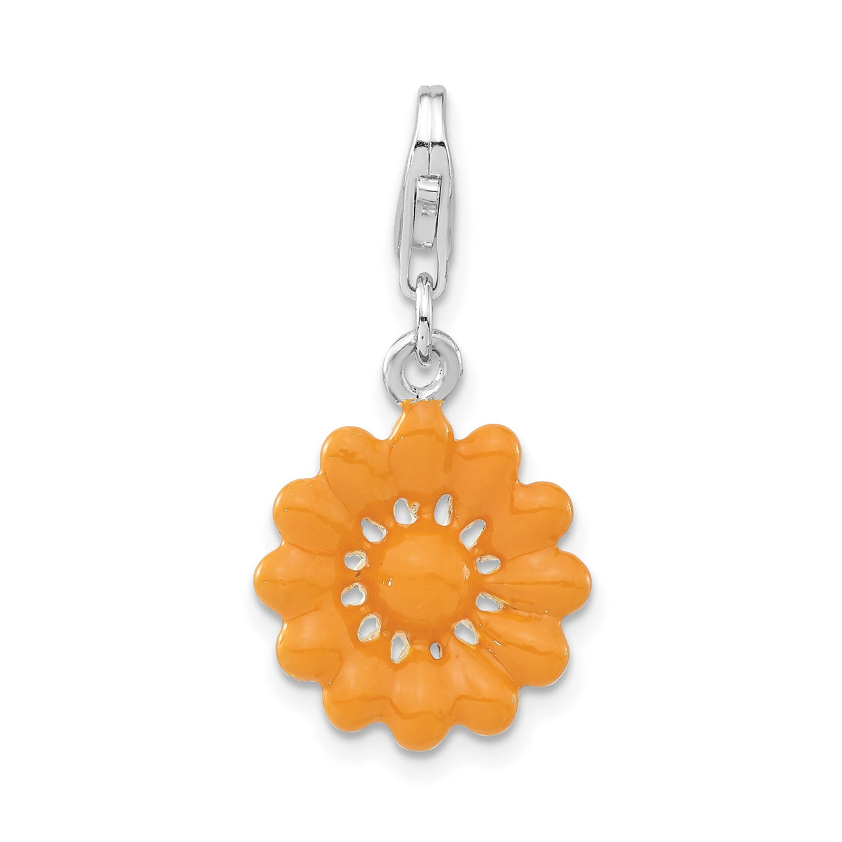 Sterling Silver Flower Charm with Orange Enamel, Floral Design, Lobster Clasp