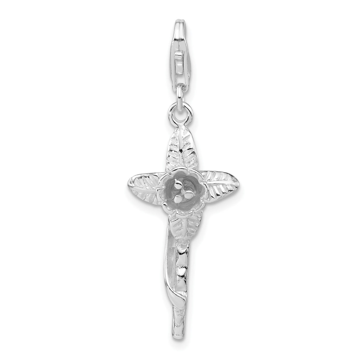Sterling Silver Cross Pendant with Floral Motif and Sculpted Leaf Design for Men and Women