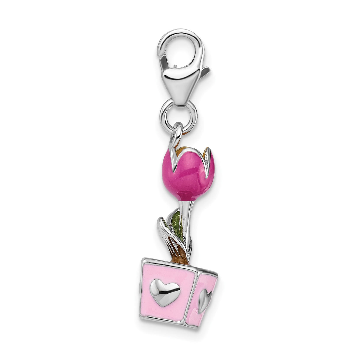 Sterling Silver Tulip Charm Pendant with Pink Enamel Flower Pot and Heart Cutouts