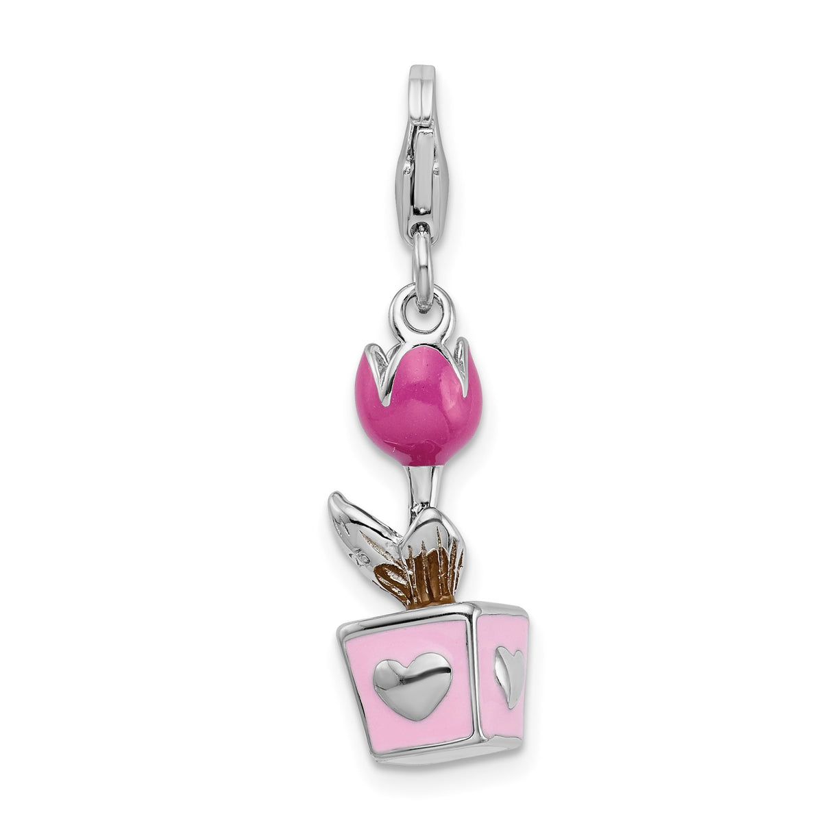 Sterling Silver Tulip Charm Pendant with Pink Enamel Flower Pot and Heart Cutouts