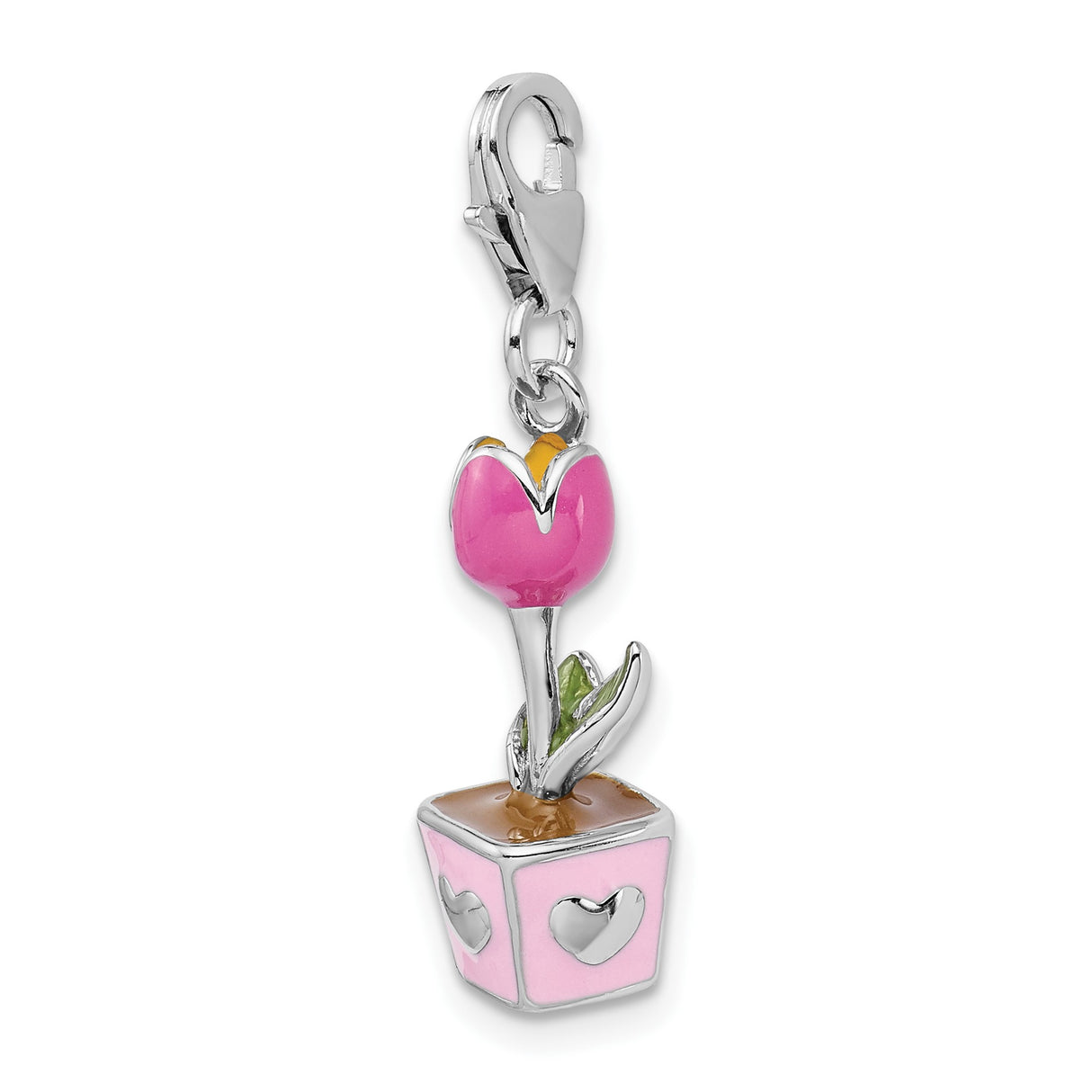 Sterling Silver Tulip Charm Pendant with Pink Enamel Flower Pot and Heart Cutouts